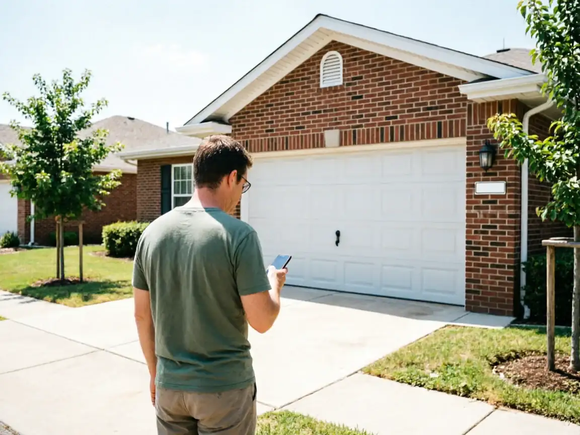 A man in a green shirt stands in front of a brick house with a white garage door.