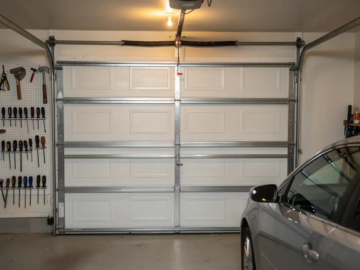 A white garage door is closed with a torsion spring above it.