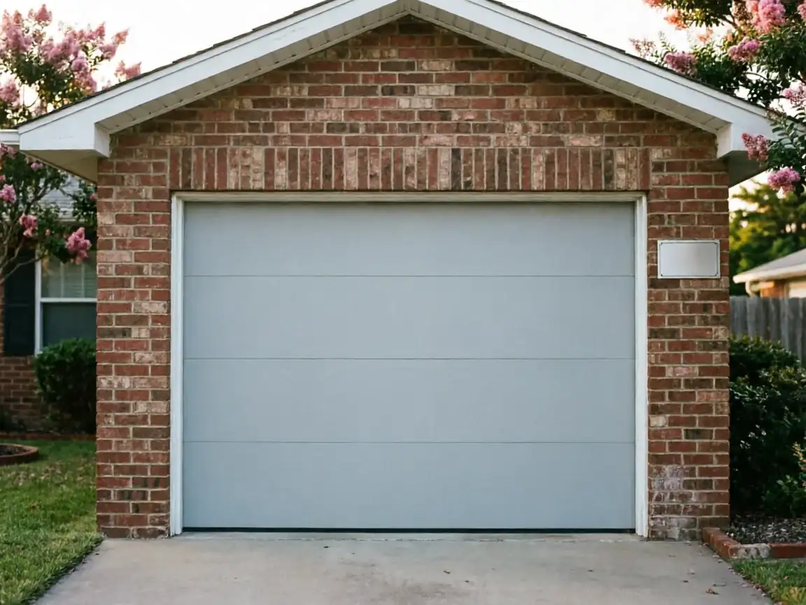 A light gray garage door is set into a brick house with pink flowering trees.