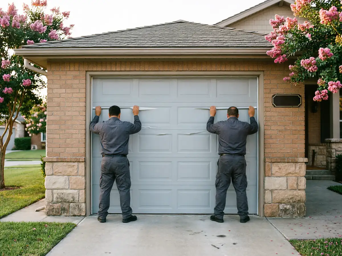 Two technicians are working on a damaged gray garage door.