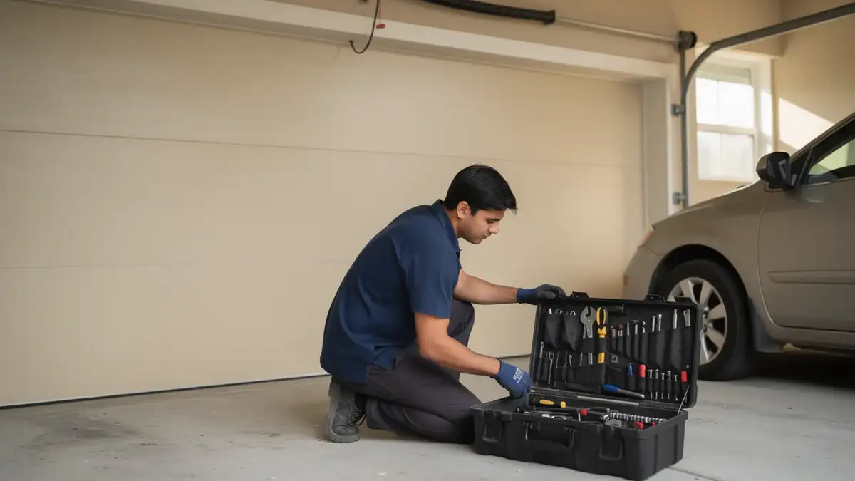 A technician kneels in a garage, looking into an open toolbox with many tools.